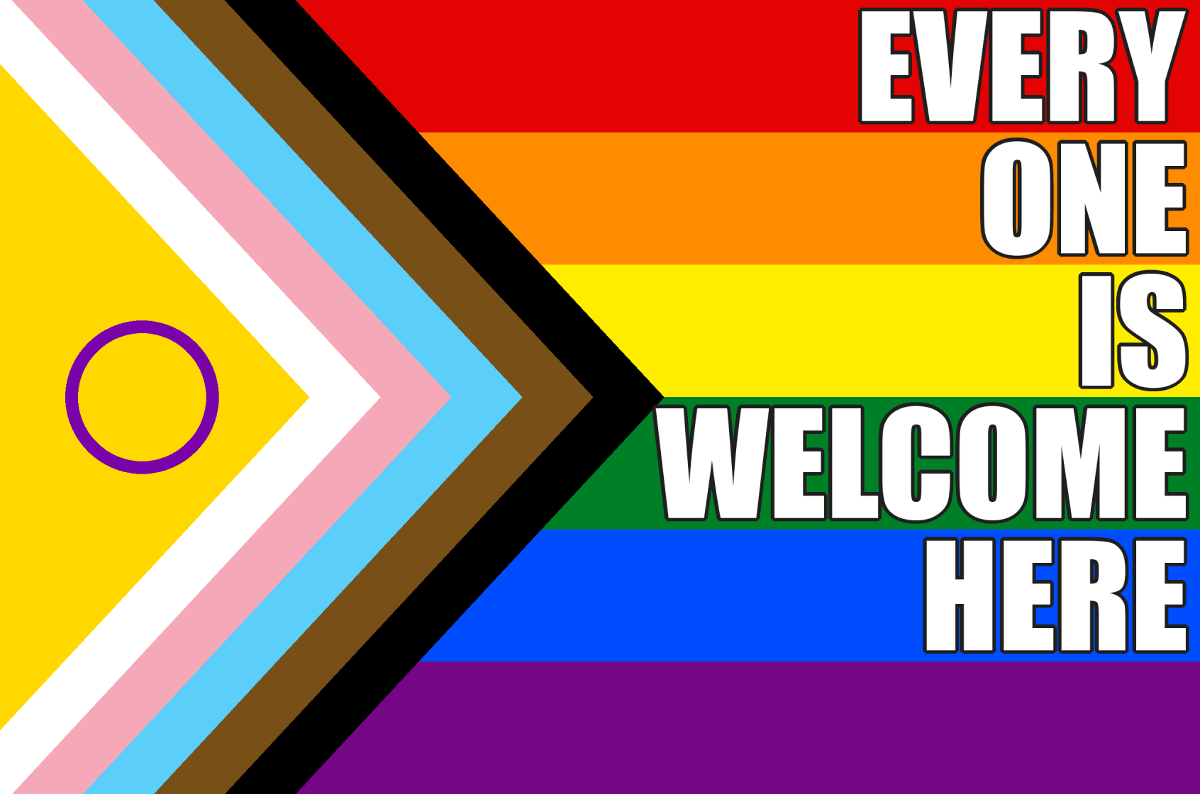Intersex-inclusive progress pride flag with the words Every one is welcome here